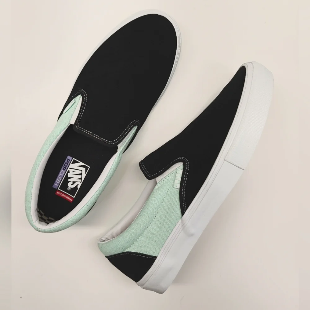 Vans Slip-On Mint Green Black Suede Canvas Skateboard PopCush Sneakers Men's 13